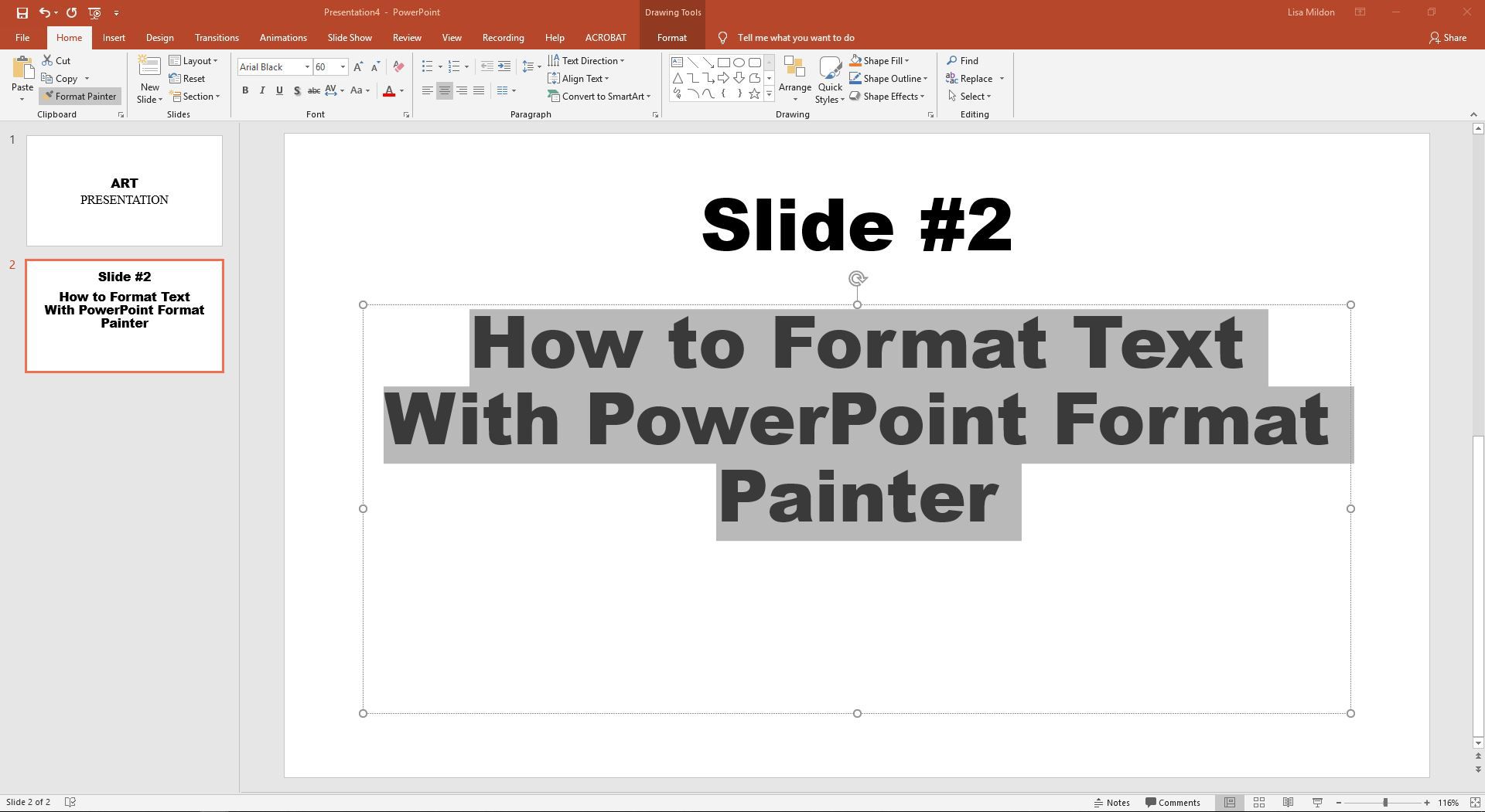 PowerPoint zobrazující nově formátovaný text.