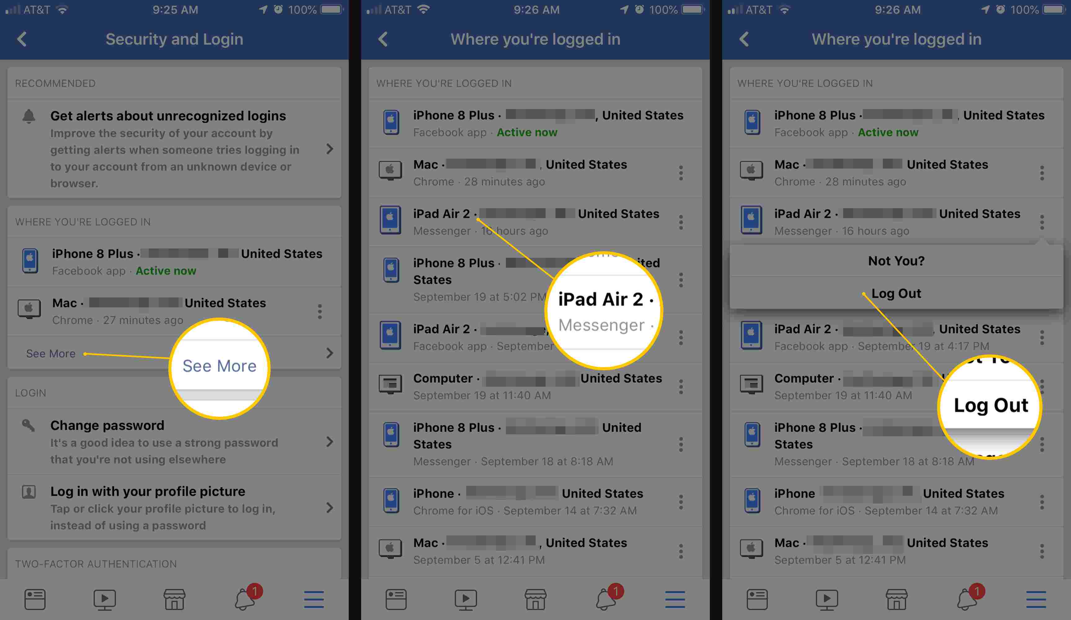 Tři obrazovky iOS z aplikace Facebook zobrazující tlačítka Zobrazit více, iPad Air 2 a Odhlásit se