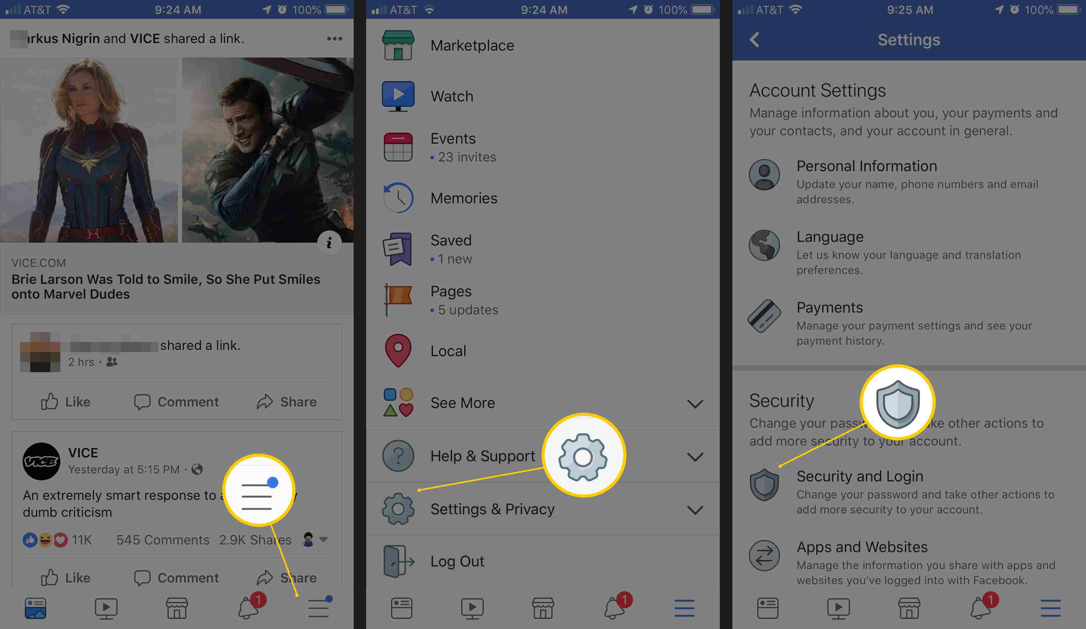 Tři obrazovky iOS zobrazující manuální aplikaci Facebooku, Nastavení a soukromí a Zabezpečení a přihlášení