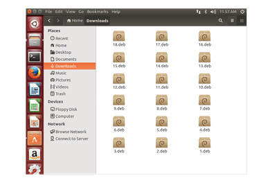 Screenshot několika prázdných souborů DEB v Ubuntu