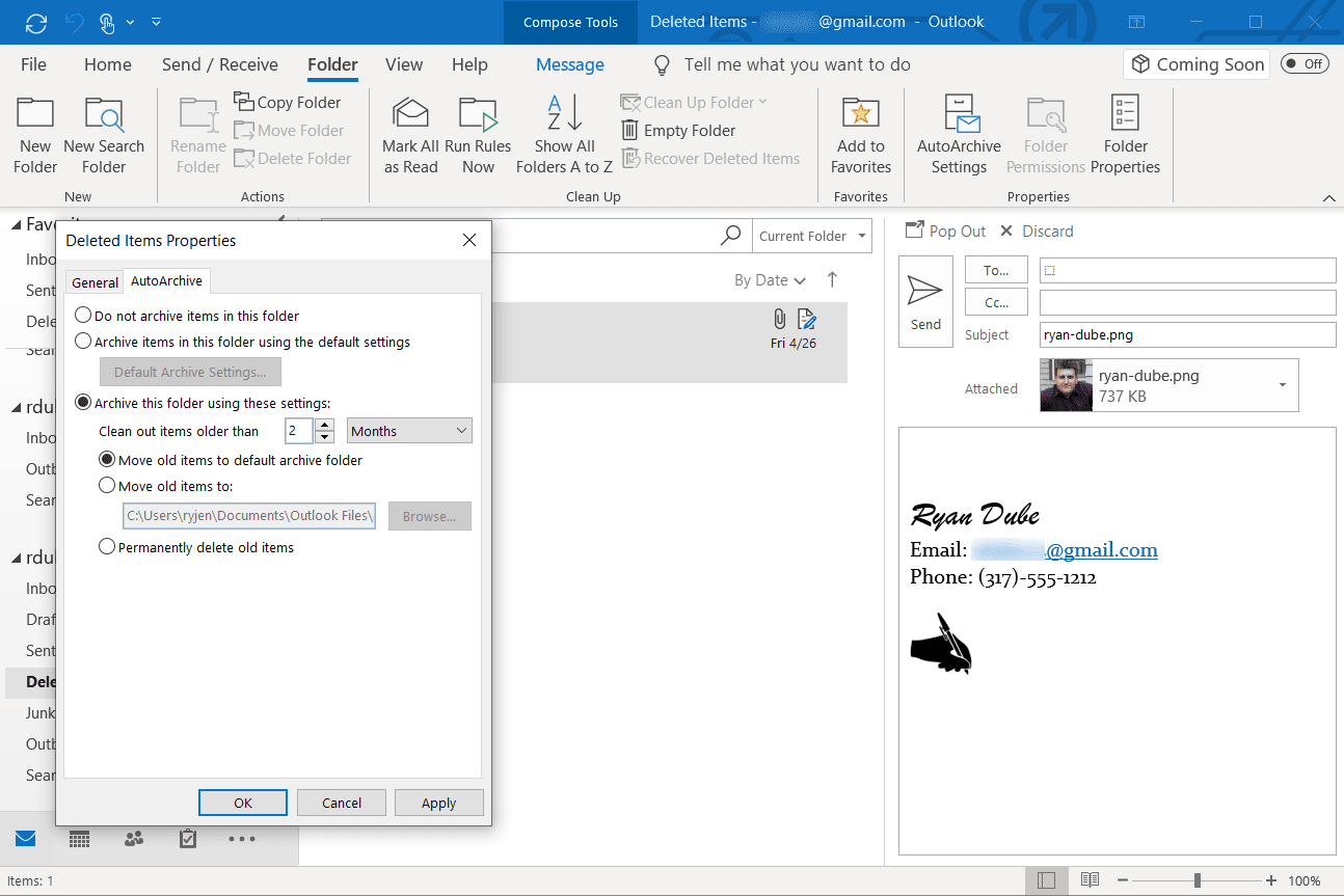 Snímek obrazovky okna Vlastnosti odstraněných položek v aplikaci Outlook