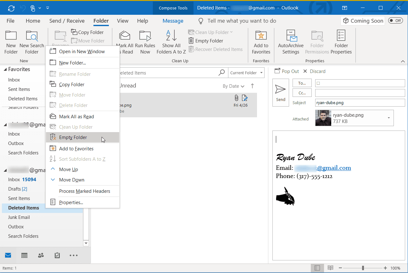 Snímek obrazovky s možností Prázdná složka v Outlooku