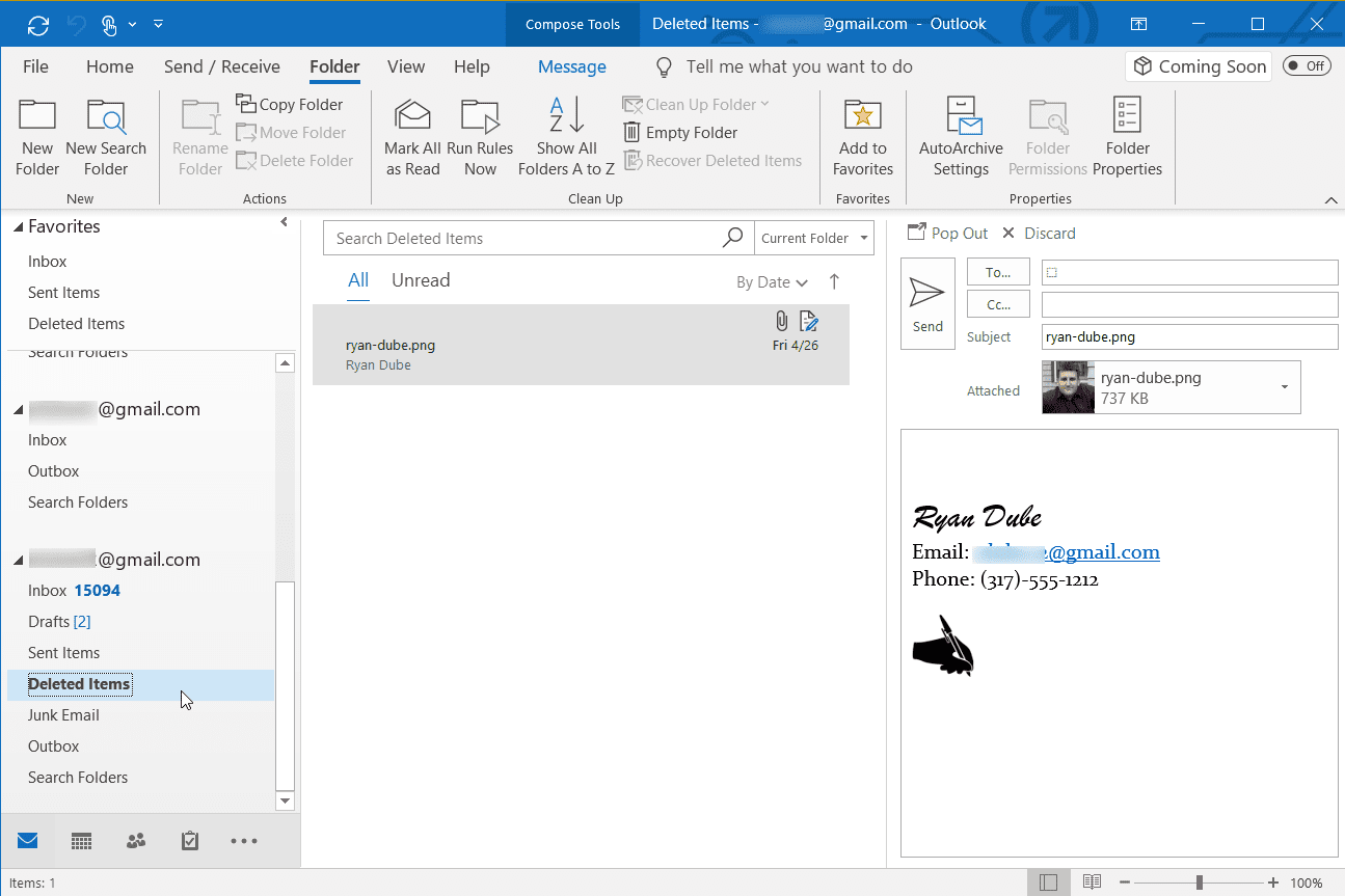Snímek obrazovky s výběrem složky Odstraněná pošta v Outlooku