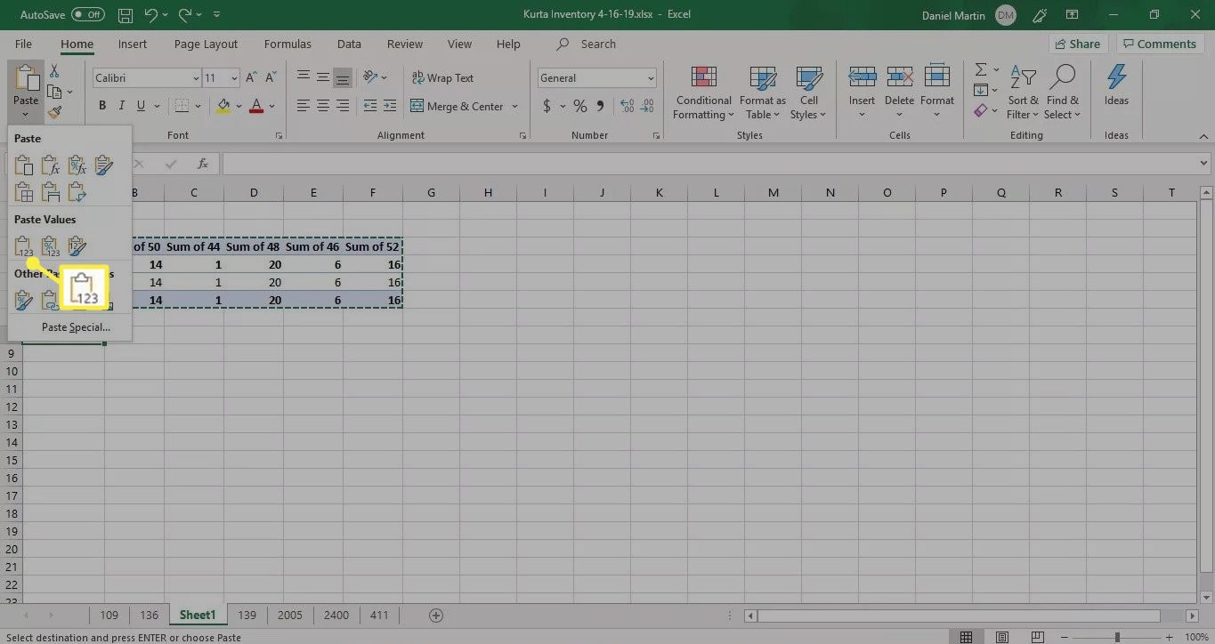 Vložit hodnoty v aplikaci Excel 2019