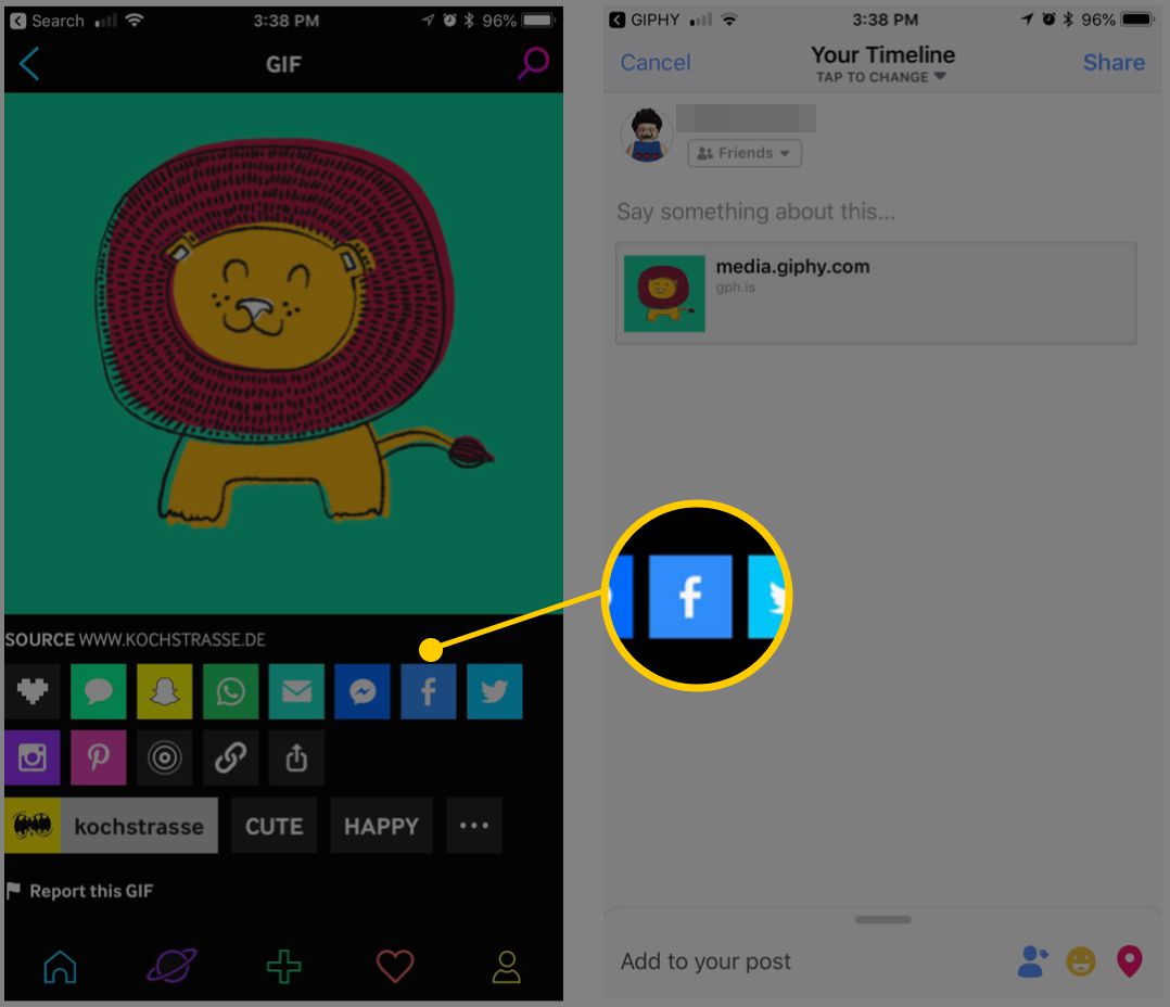 Snímek obrazovky aplikace Giphy v systému iOS s tlačítkem Facebook post