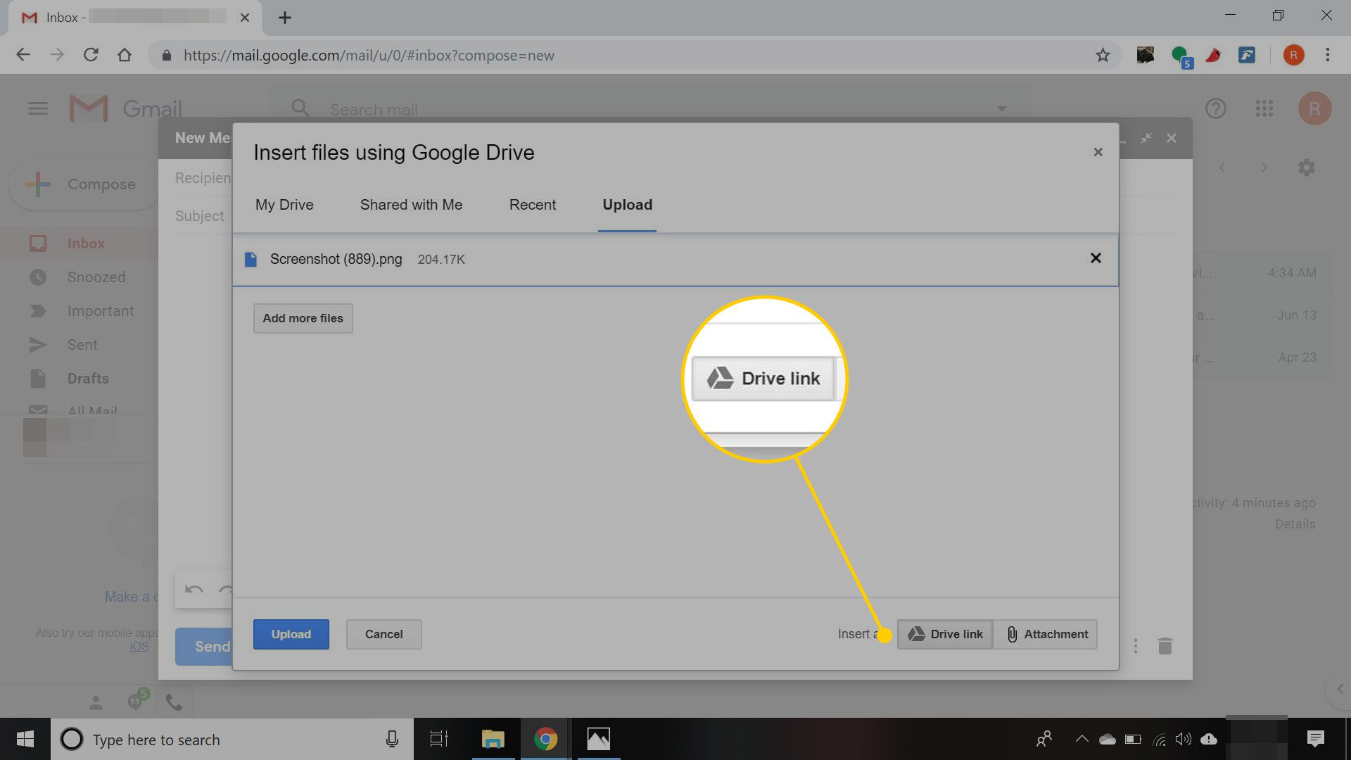 Okno pro vkládání souborů do Gmailu se zvýrazněným tlačítkem Odkaz na disk