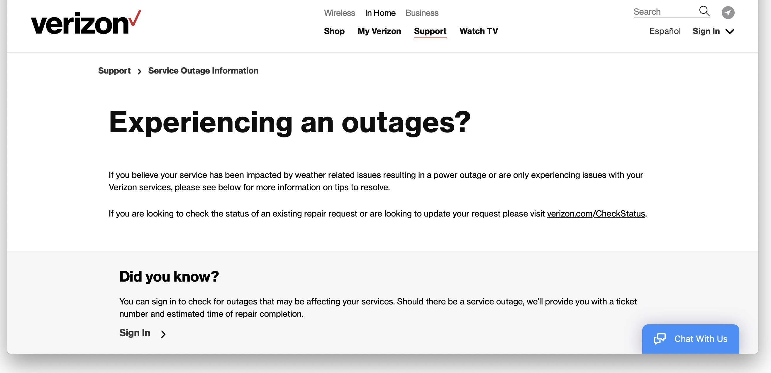 Informační web o výpadku služby Verizon