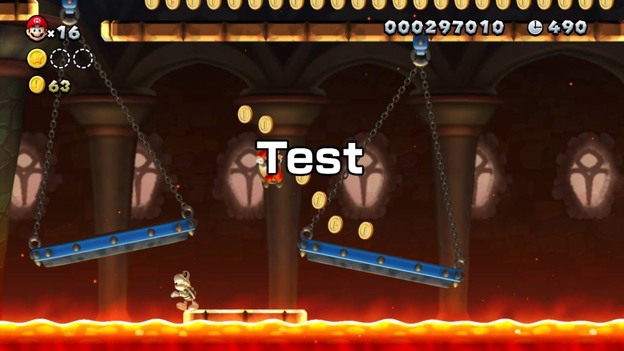Snímek obrazovky hry New Super Mario Bros s přidaným „testovacím“ textem.