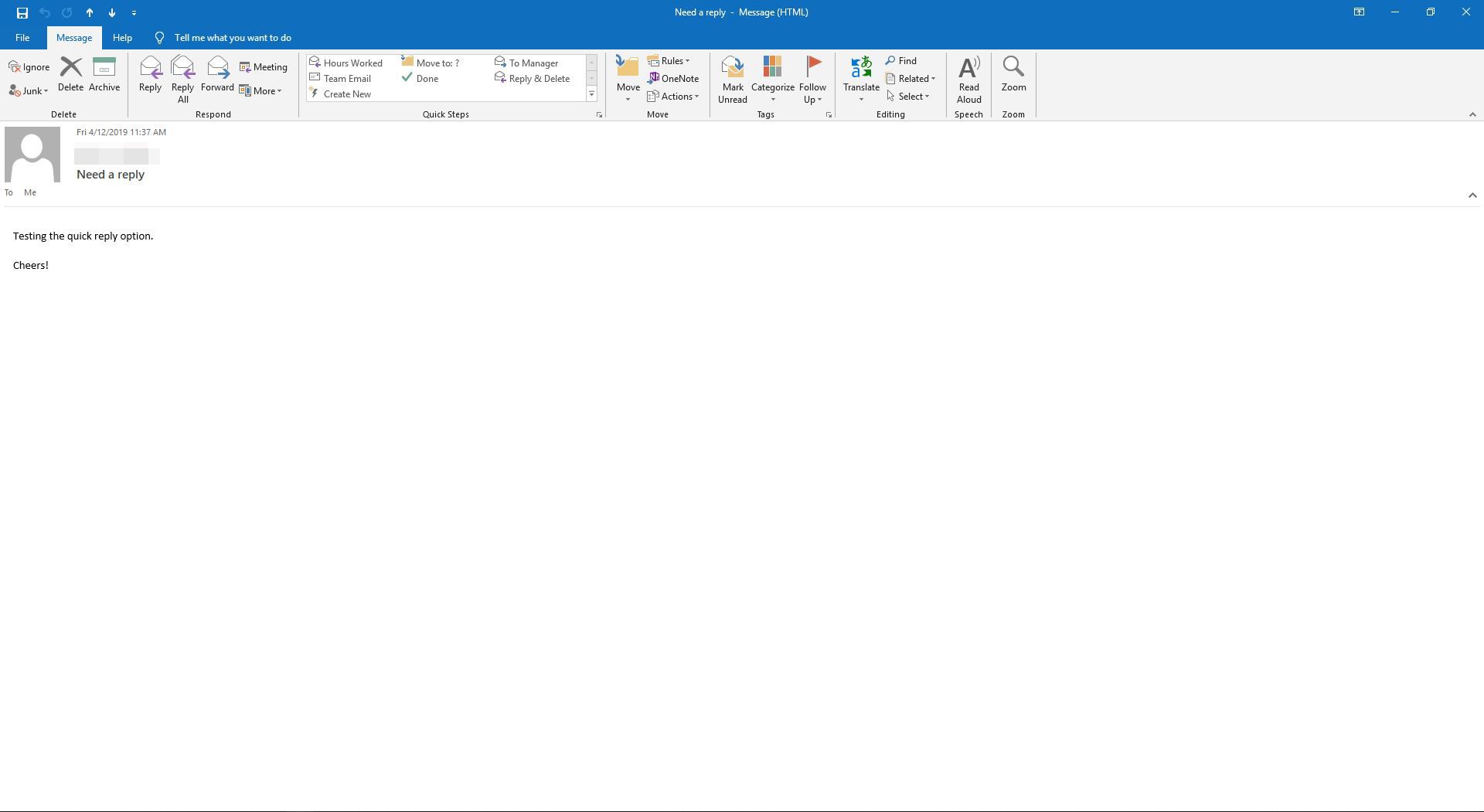 Otevřený e -mail v aplikaci Outlook.