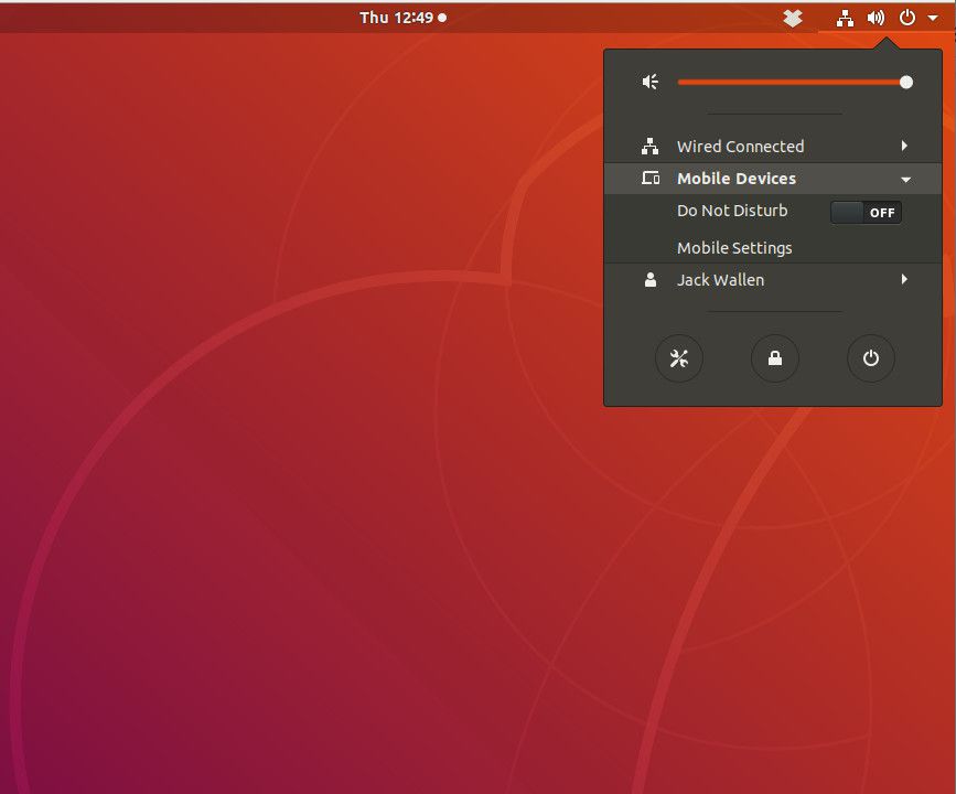 Možnost mobilního nastavení v systémové liště GNOME.