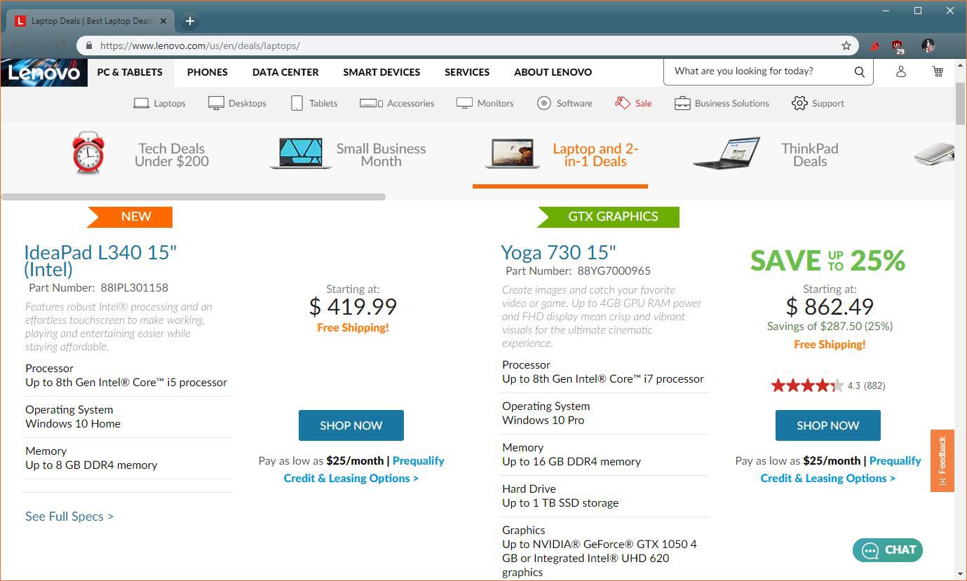 Snímek obrazovky obchodu Lenovo.