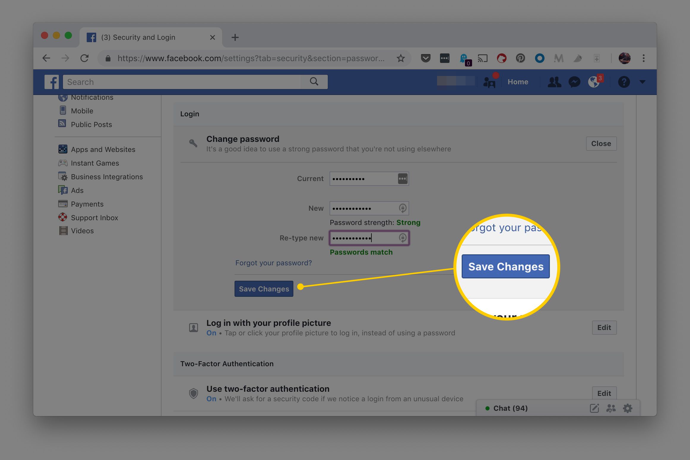Pole pro změnu hesla a tlačítko Uložit změny na stránce Zabezpečení a přihlášení na Facebooku