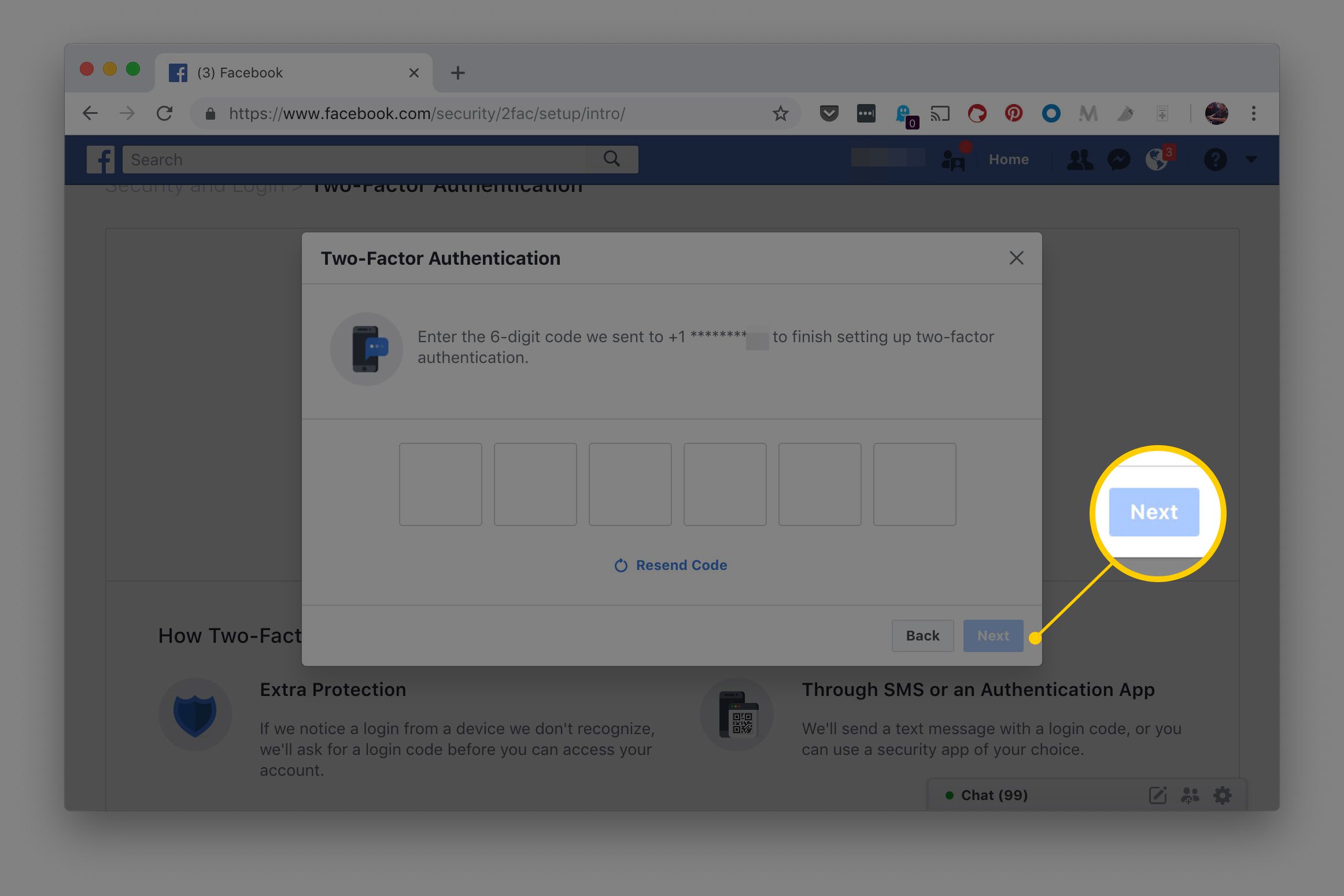 Dvoufaktorové ověřování z Facebooku zobrazující 6místná pole kódu a tlačítko Další