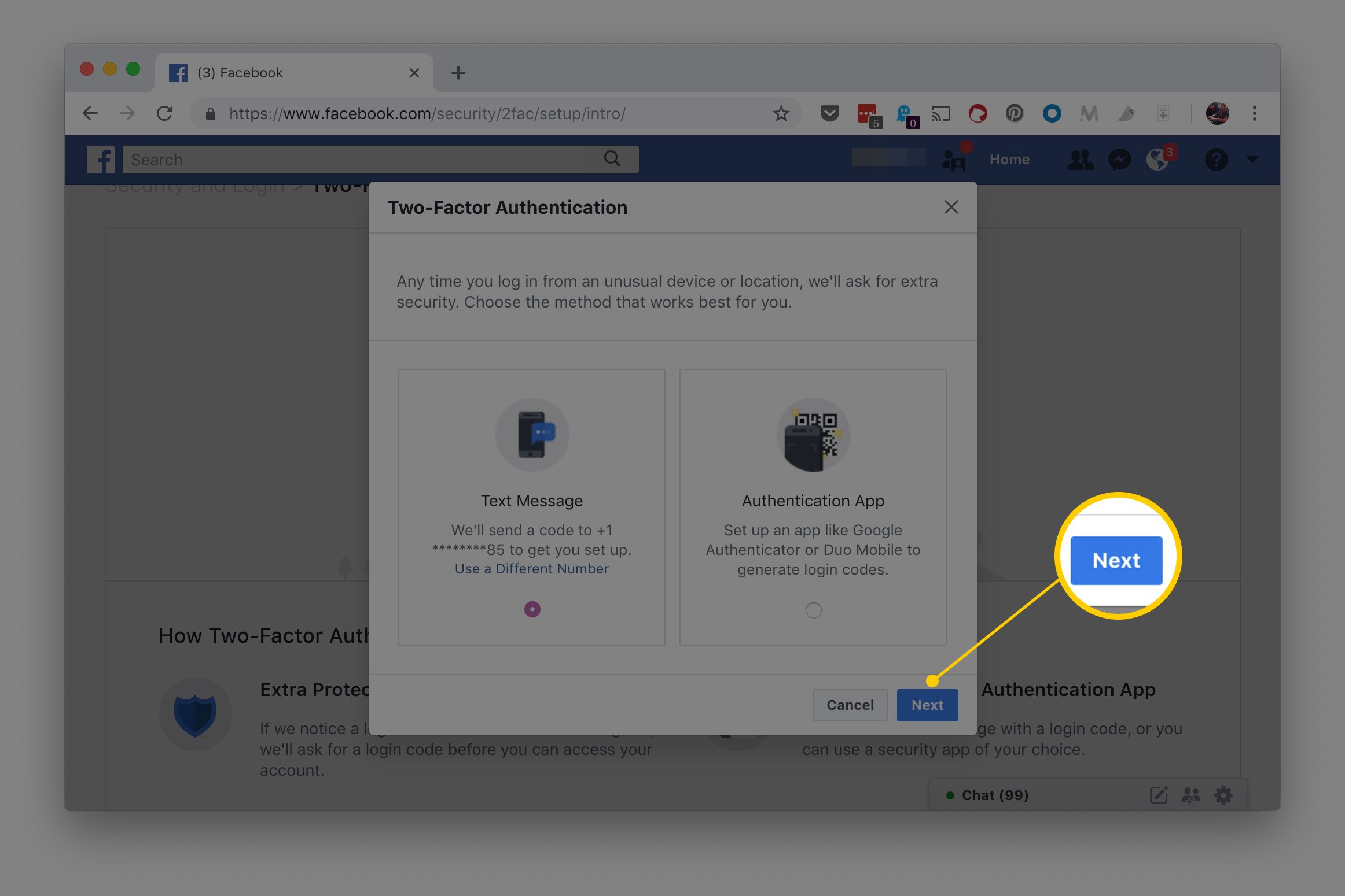 Tlačítko Další na stránce dvoufaktorového ověřování na Facebooku, která zobrazuje možnosti textové zprávy nebo ověřovací aplikace