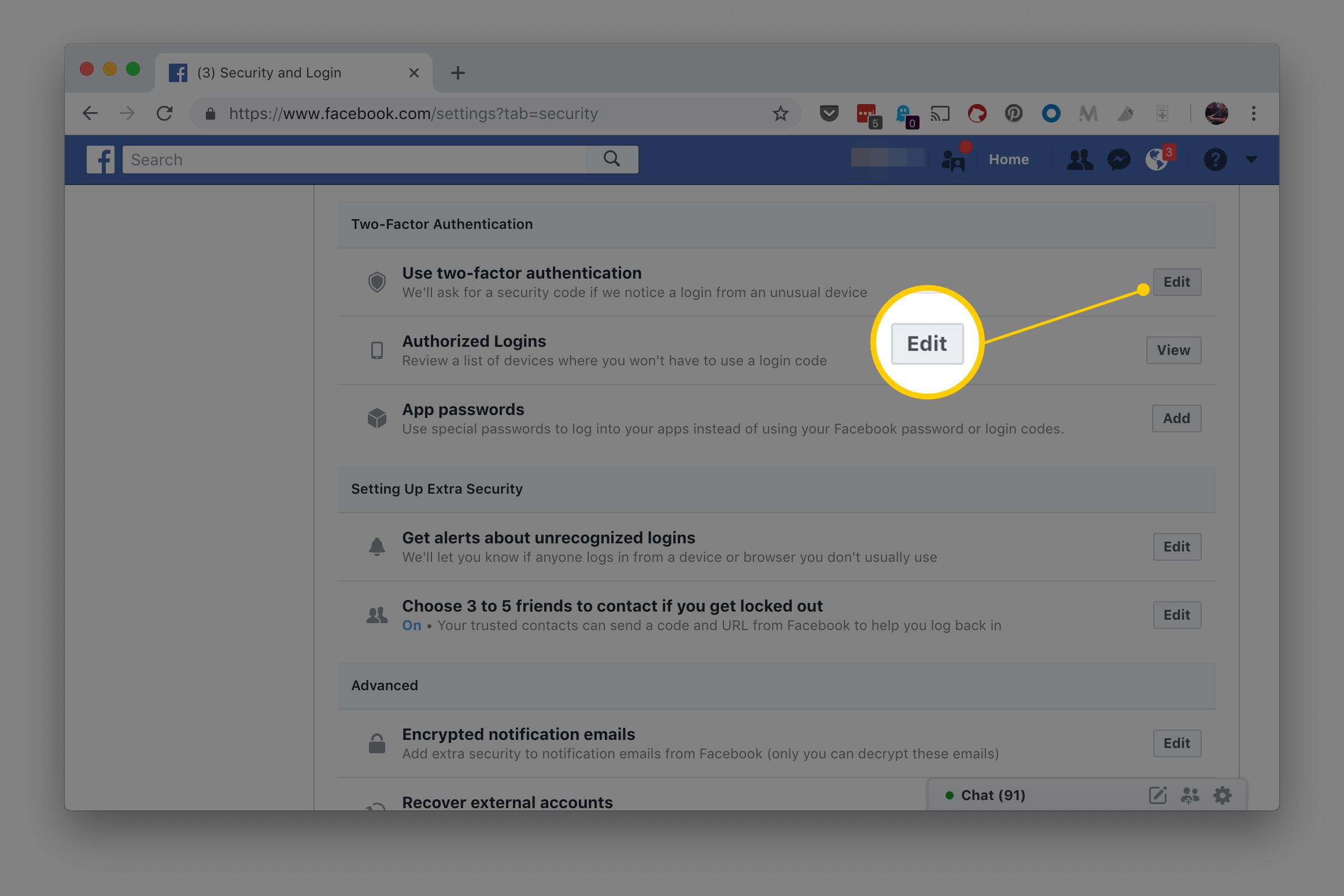 Tlačítko Upravit pro "Použijte dvoufaktorové ověřování" sekce na stránce Zabezpečení a přihlášení Facebooku