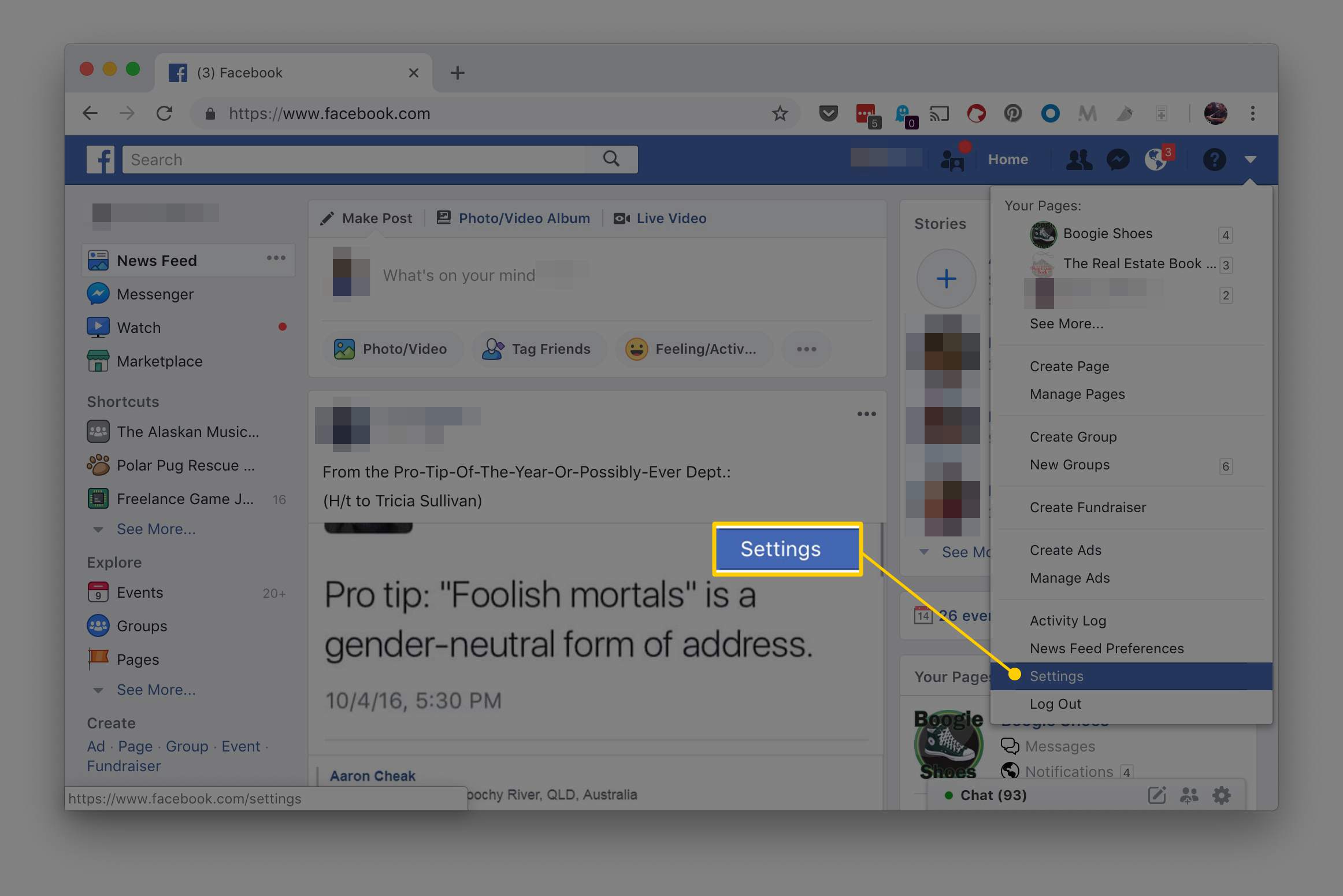 Možnost nabídky nastavení na webových stránkách Facebooku