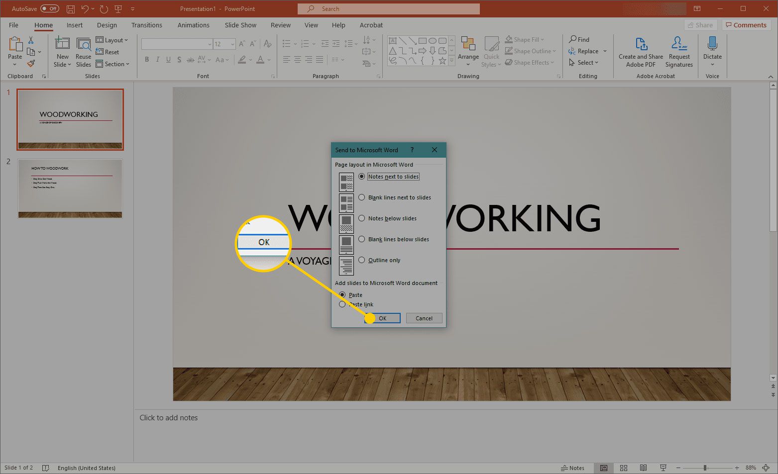 Odeslat do okna aplikace Microsoft Word v PowerPointu se zvýrazněným tlačítkem OK