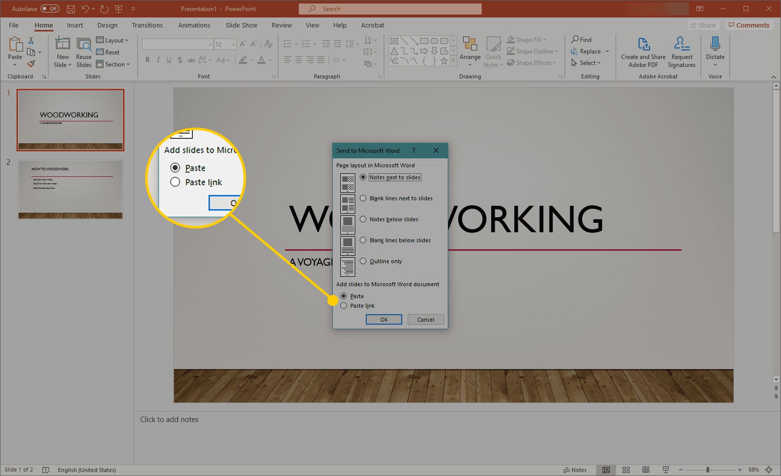 Odeslat do okna aplikace Microsoft Word v PowerPointu se zvýrazněnými možnostmi Vložit a Vložit odkaz