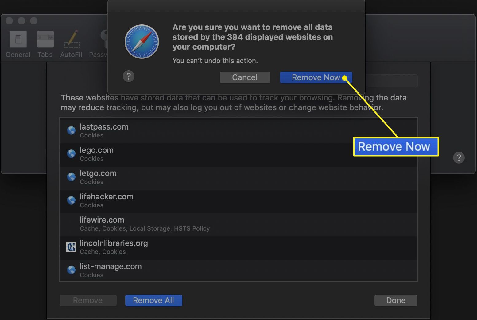 Safari vymazat obrazovku potvrzení mezipaměti s vybranou možností Odebrat nyní