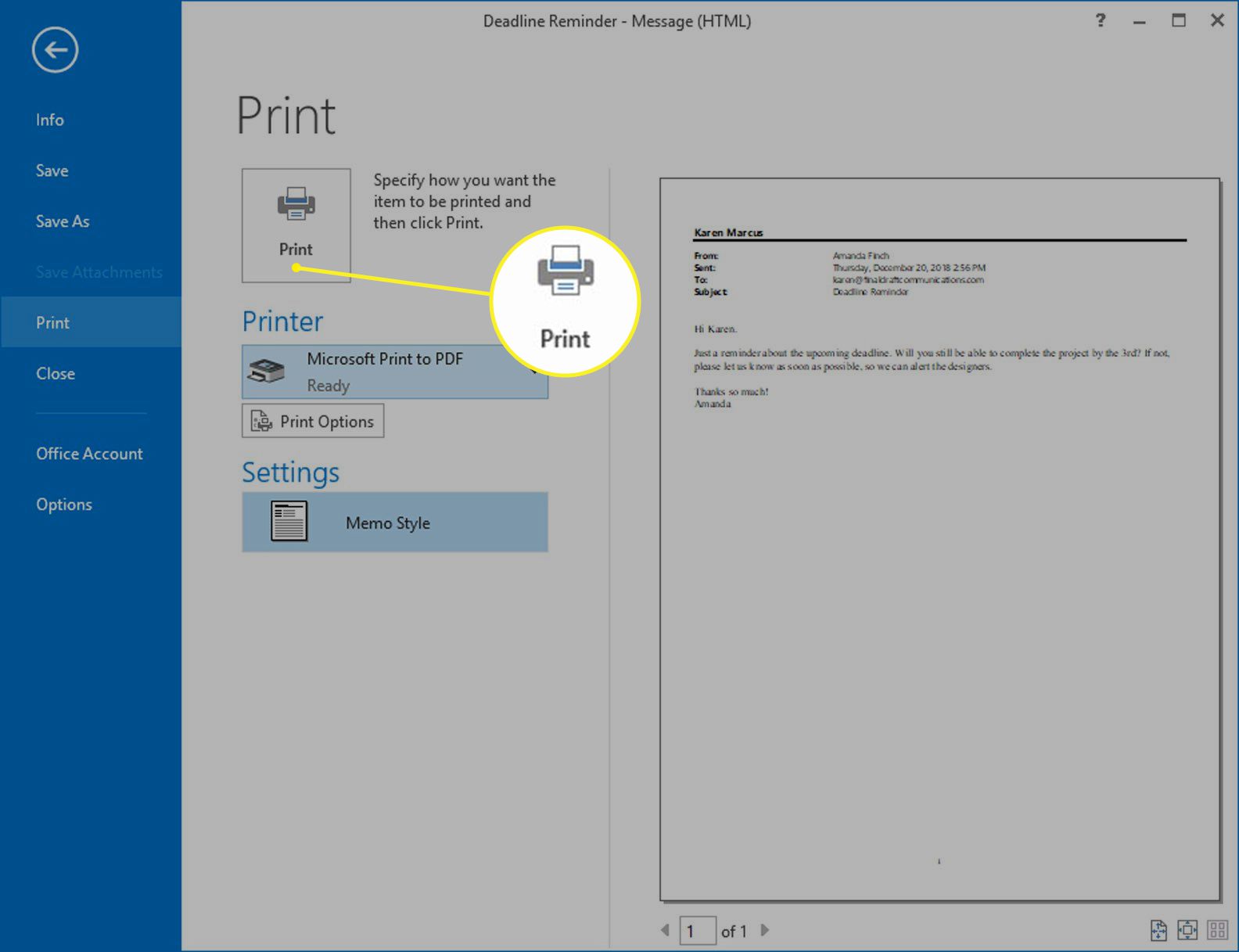 Obrazovka Outlook Print se zvýrazněným tlačítkem Print