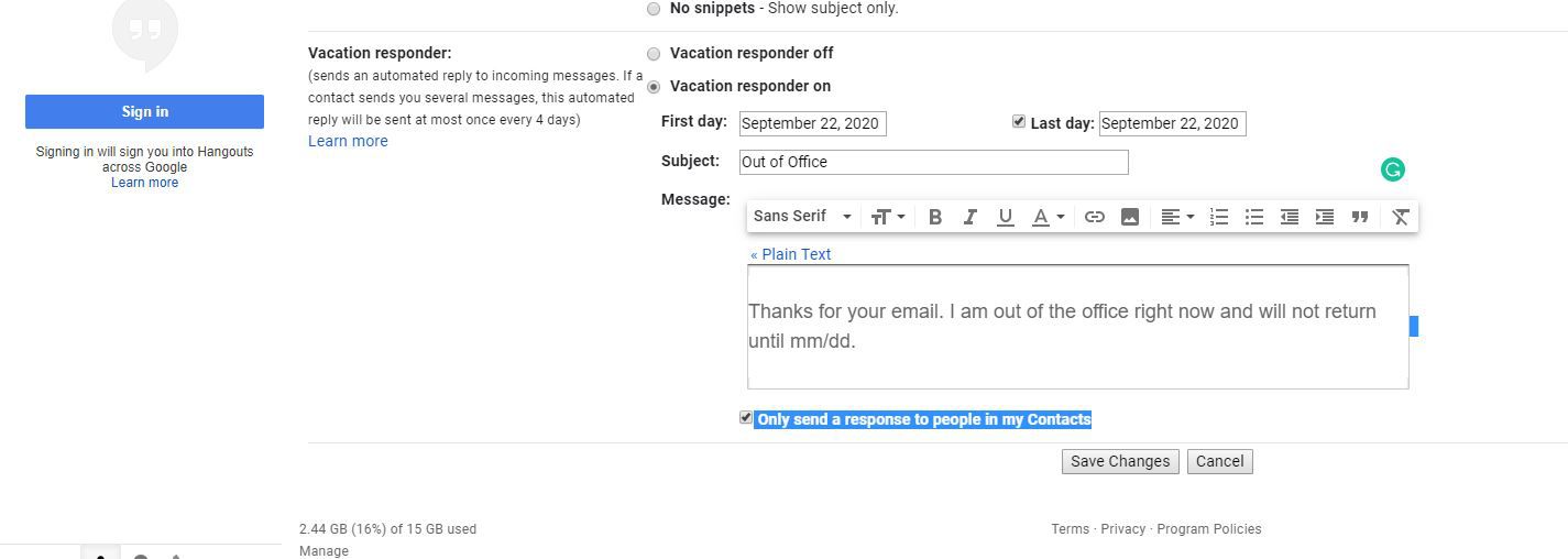 Odpověď zasílejte pouze lidem v mém výběru kontaktů v nastavení Gmailu