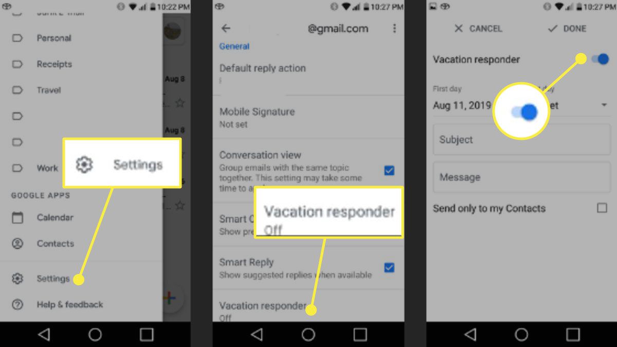 Snímky obrazovky aplikace Gmail, které ukazují, jak zapnout odpověď na dovolenou