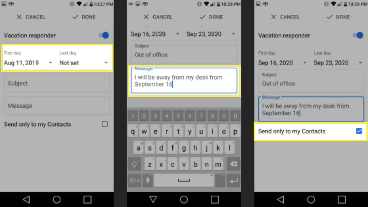 Snímky obrazovky aplikace Gmail ukazující, jak nastavit odpověď na dovolenou