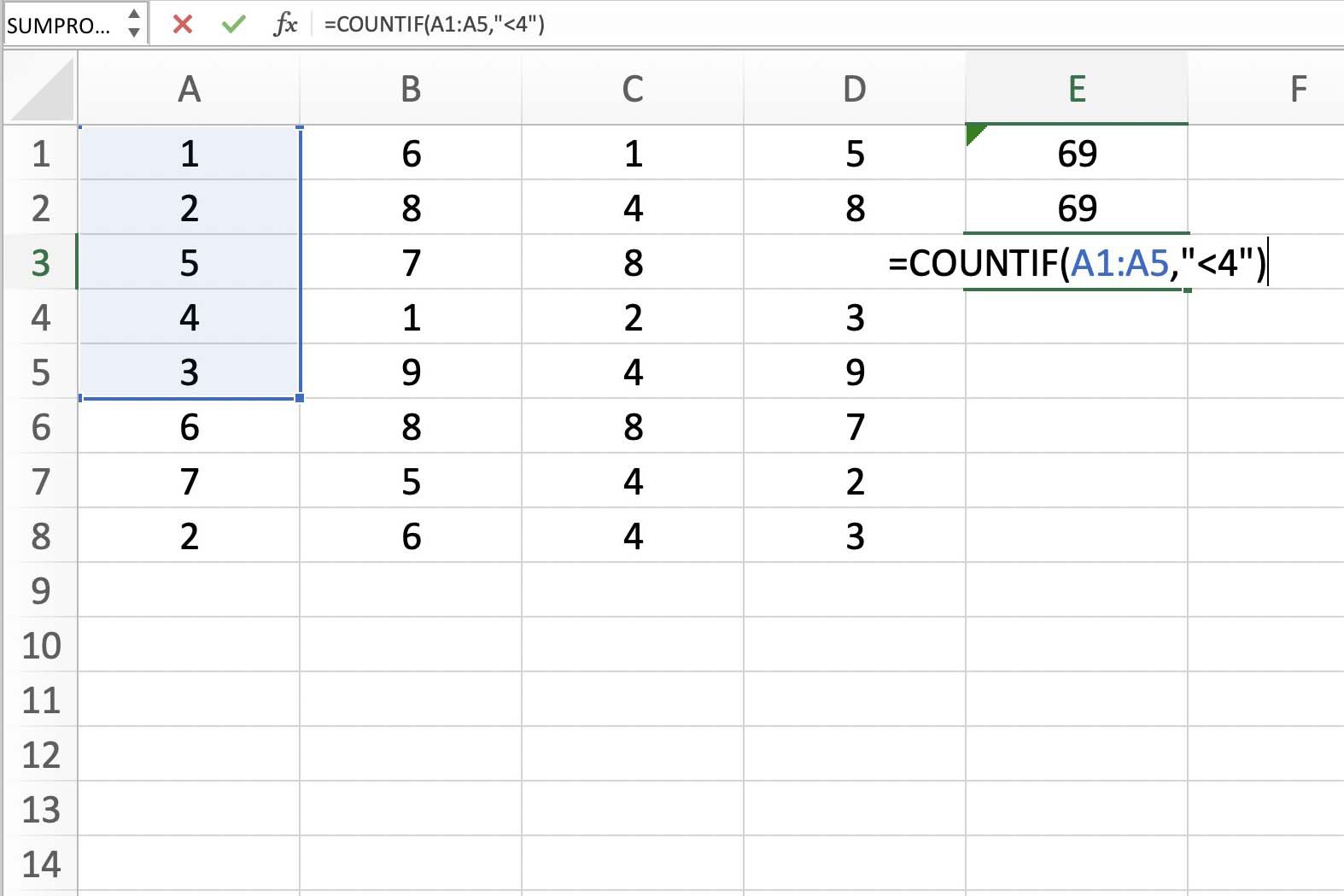 Snímek obrazovky aplikace Excel zobrazující rozsah