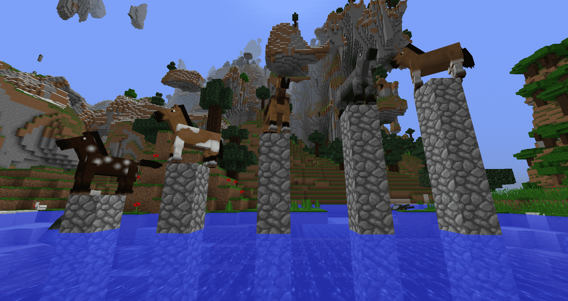 MInecraft screenshot koní na pilířích nad vodou