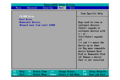 BIOS Setup Utility Boot Menu (Priorita disku CD-ROM)