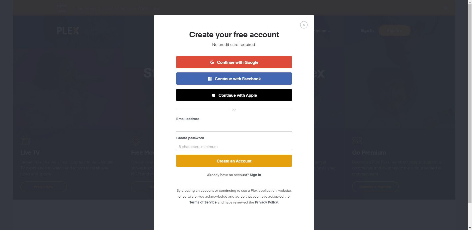 Vytvořte si možnosti účtu na webu Plex