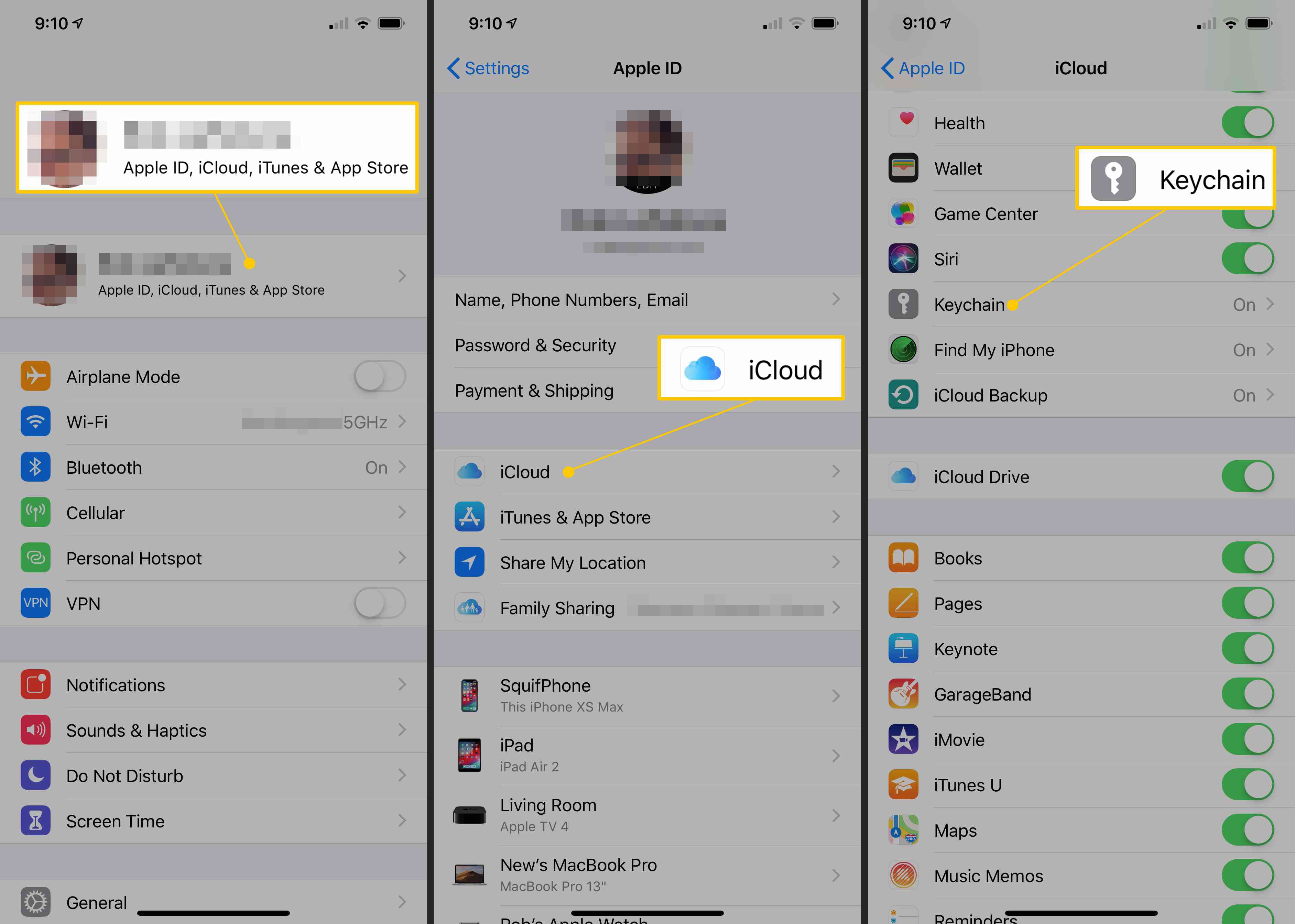 Tlačítka Apple ID, iCloud, Klíčenka v Nastavení iOS