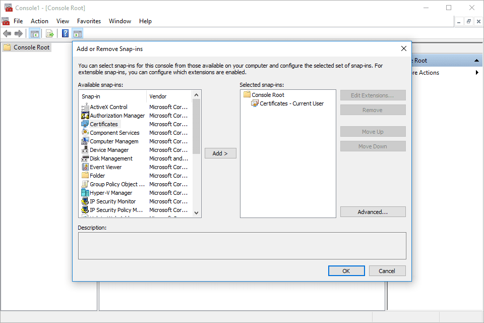Snímek obrazovky s certifikáty MMC Snap-in v systému Windows 10