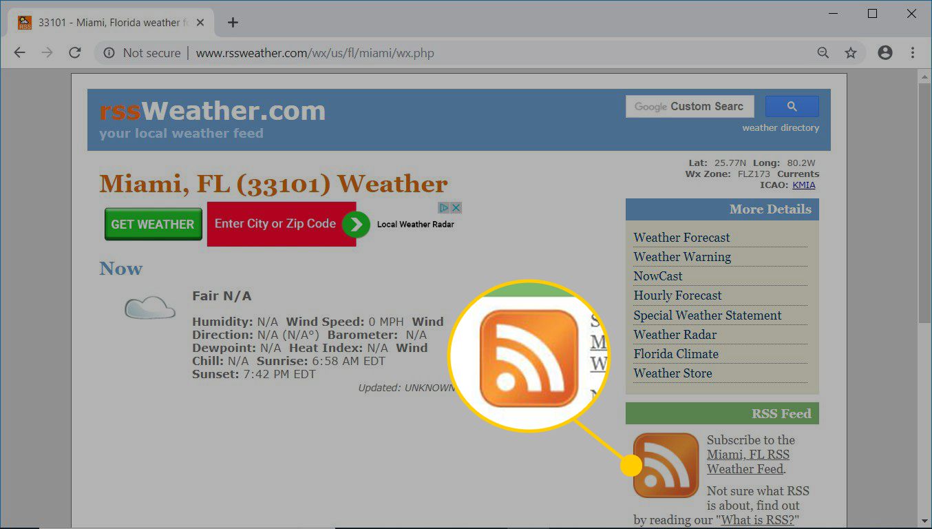Webová stránka RSSWeather.com zobrazující ikonu RSS pro kanál RSS