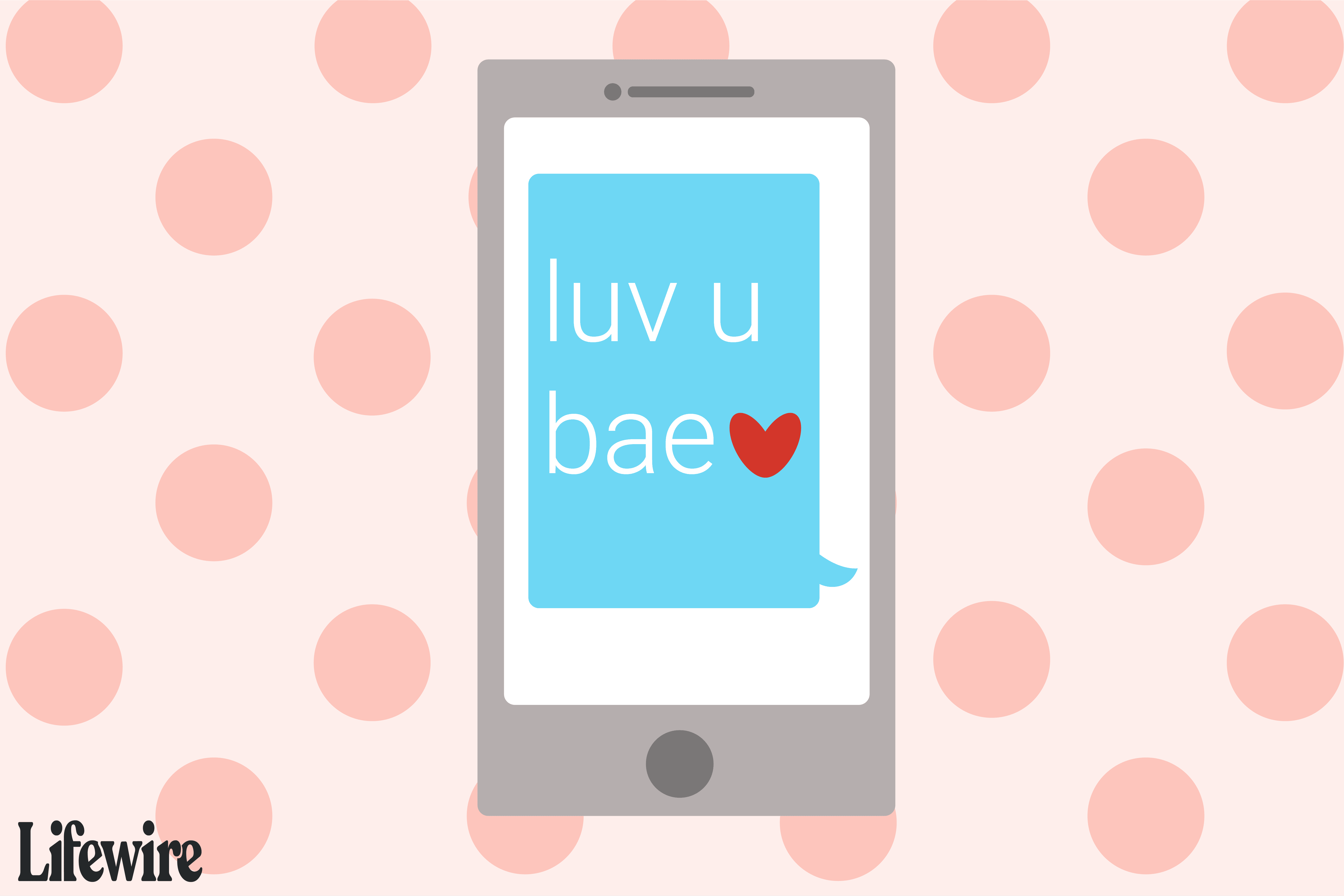 Ilustrace zobrazující smartphone zobrazující textovou zprávu, která používá slovo „bae“.