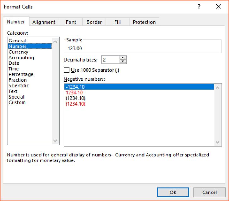 Kategorie formátu čísel v dialogovém okně Formát buněk v aplikaci Excel
