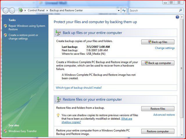 Centrum zálohování a obnovení systému Windows Vista