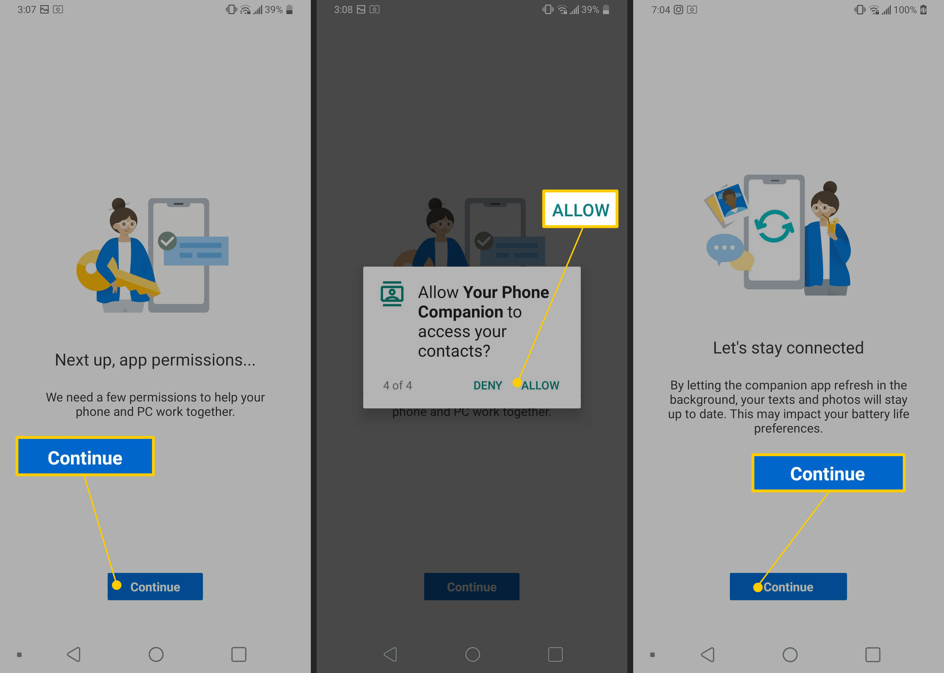 Tlačítka Pokračovat, Povolit, Pokračovat v aplikaci Microsoft Your Phone pro Android