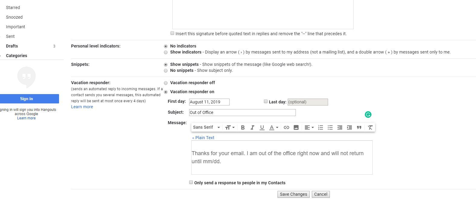Zpráva o odpovědi na dovolenou v Gmailu