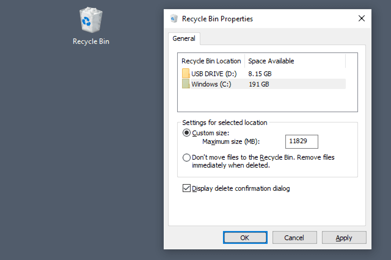 Snímek obrazovky zobrazující možnost zobrazit zprávy s potvrzením odstranění pro koš Windows 10