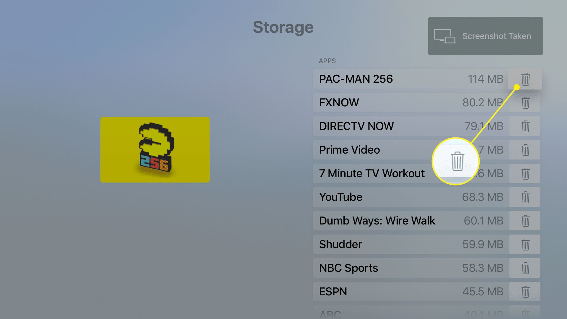 Obrazovka úložiště Apple TV se seznamem aplikací a množstvím úložiště