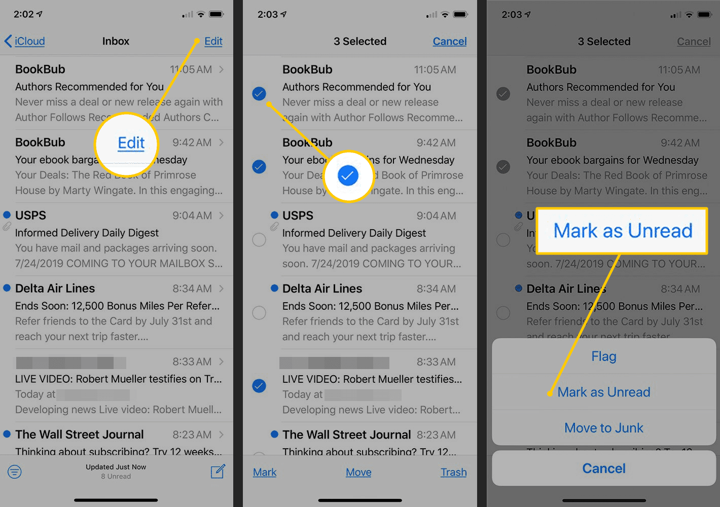 Tlačítko Upravit, zaškrtávací políčko, tlačítko Označit jako nepřečtené v iOS Mailu