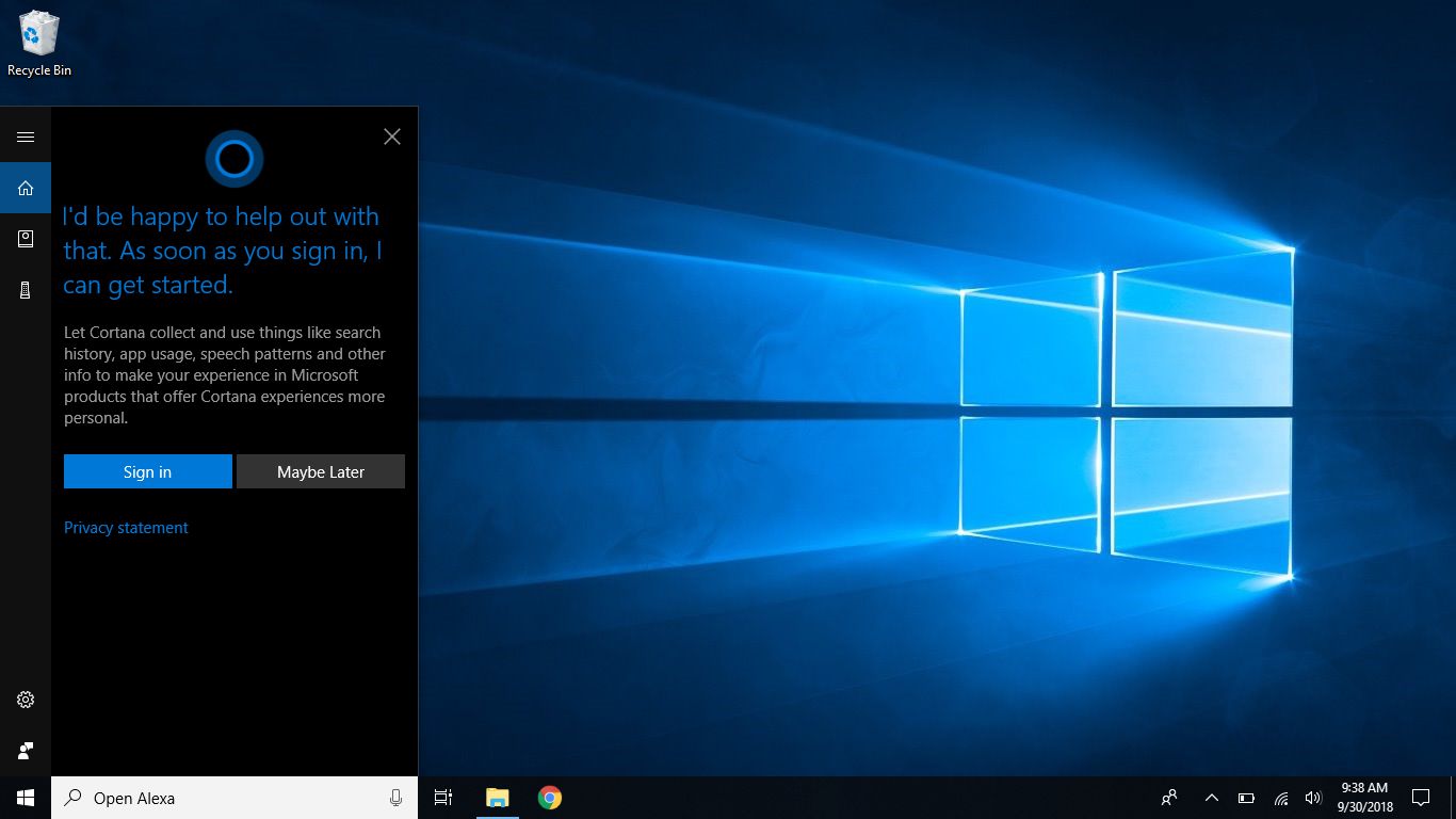 Snímek obrazovky Windows, který ukazuje úvodní přihlašovací obrazovku Cortany