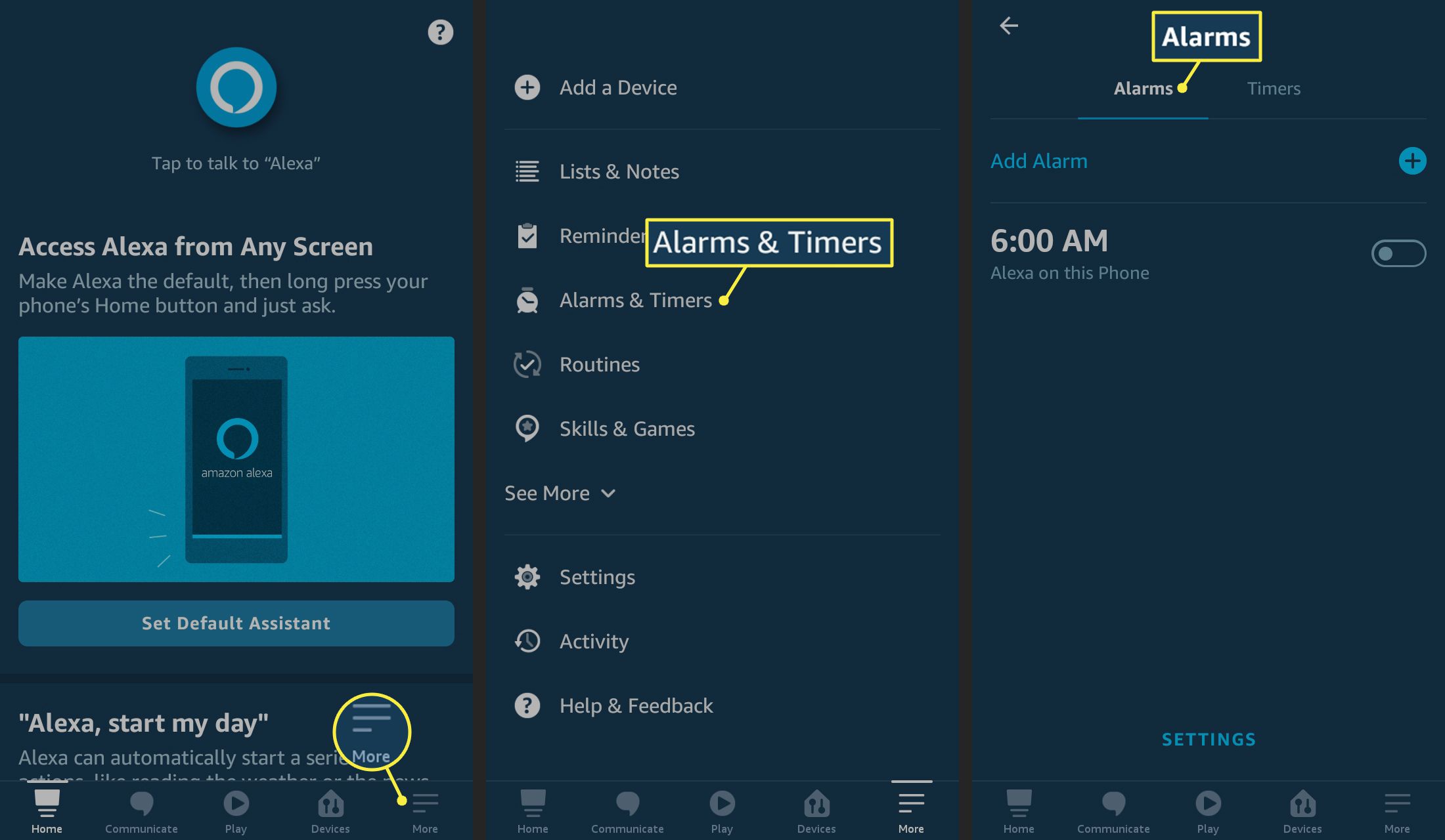 Více, Alarmy a časovače a karta Alarmy v aplikaci Alexa