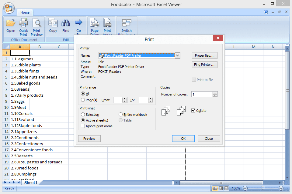 Snímek obrazovky tiskárny PDF používané v aplikaci Microsoft Excel Viewer