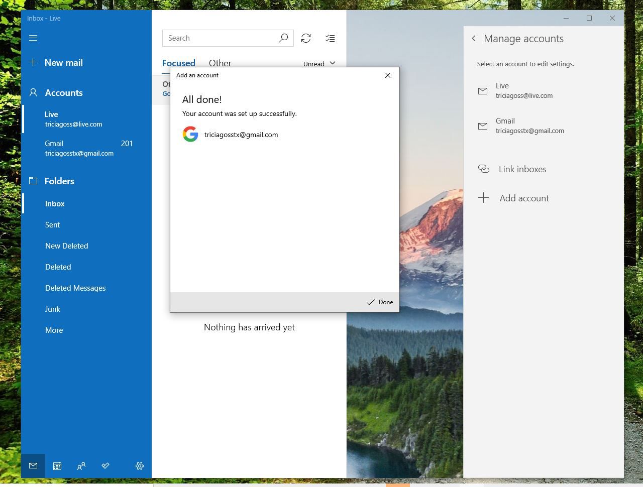 Potvrzení nastavení účtu v programu Windows Mail