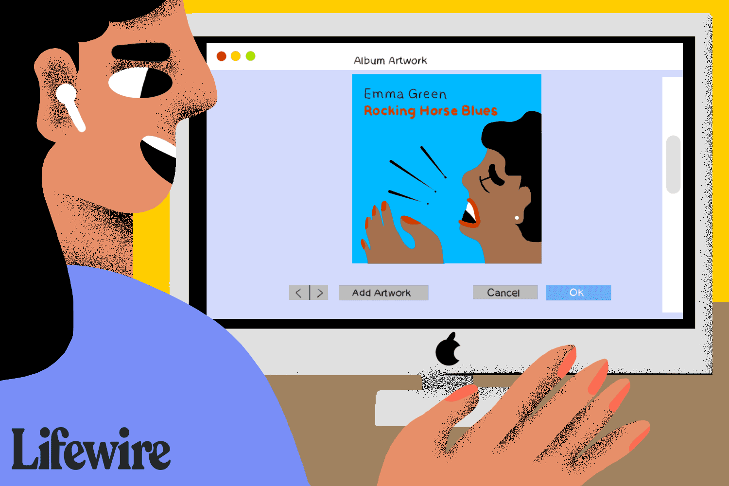 Ilustrace osoby při pohledu na předlohu alba na iMacu