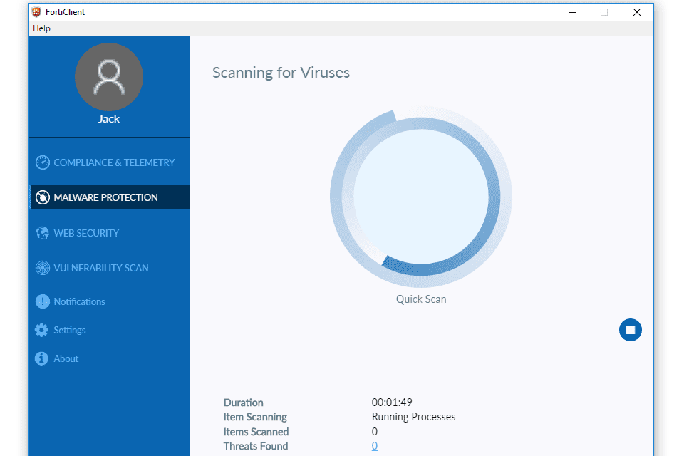 Kontrola viru FortiClient v systému Windows 10
