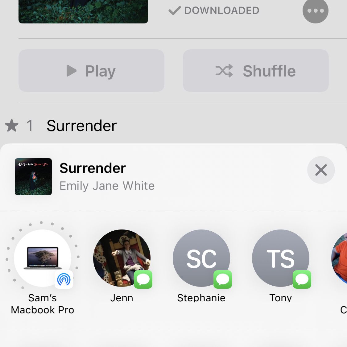 snímek obrazovky rozhraní pro sdílení Apple Music