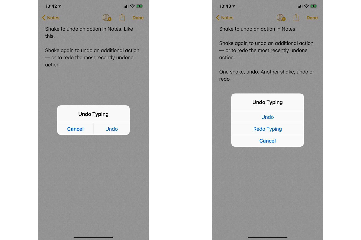 Dva screenshoty iPhonu: (vlevo) Zobrazuje „Zpět při psaní“ s možnostmi Zrušit a Zpět, (vpravo) Zobrazuje „Zpět při psaní“ s možnostmi Zpět, Opakovat psaní a Zrušit.